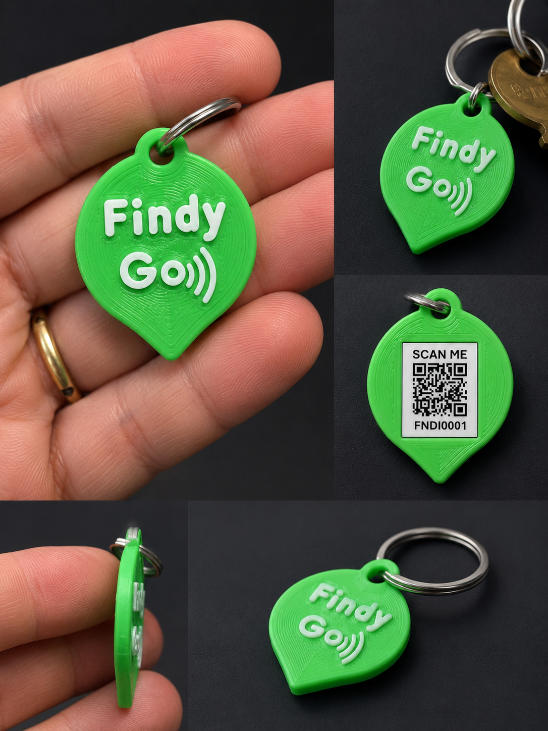 Vários detalhes da etiqueta FINDY Go: na mão, junto a chaves, QR Code, perfil e vista traseira