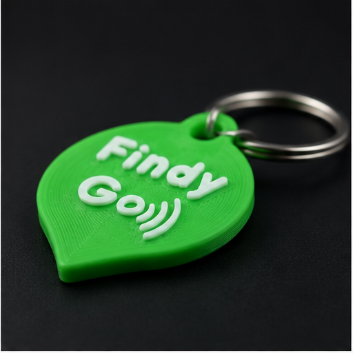 Etiqueta FINDY Go vista em ângulo, mostrando o relevo do logótipo e a espessura