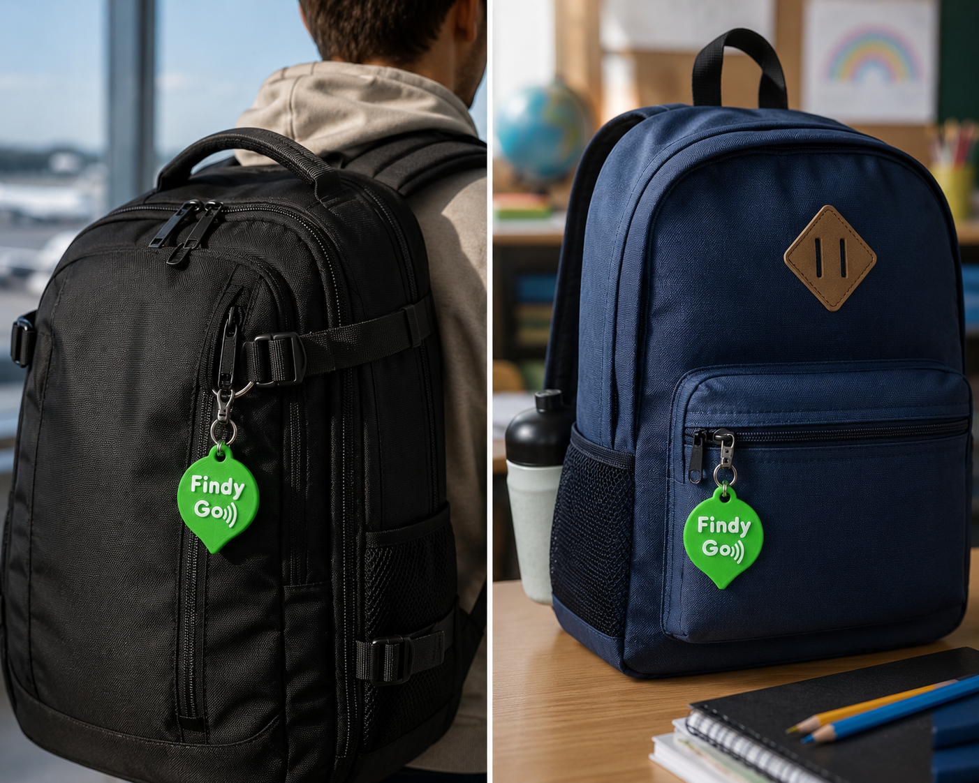 Etiqueta FINDY Go em duas mochilas: uma mochila de viagem preta e uma mochila escolar azul