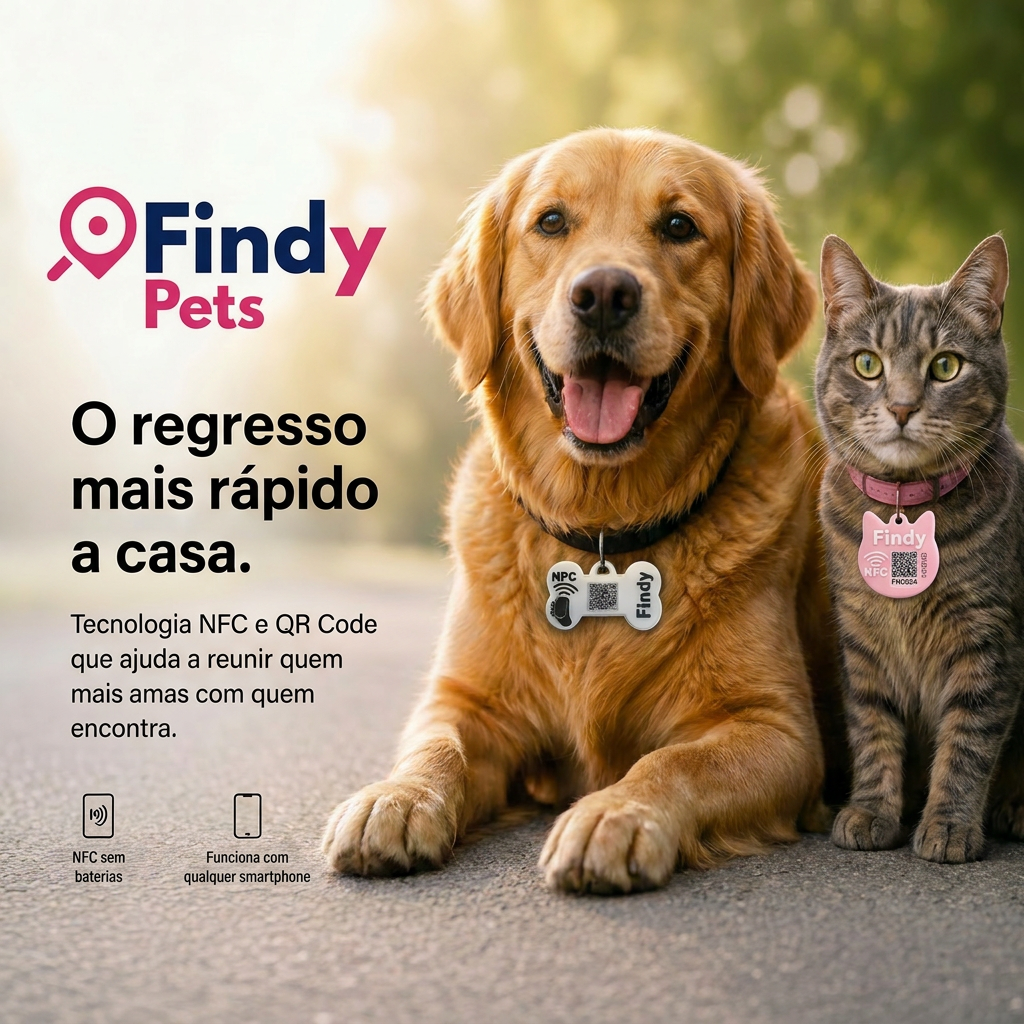 Cão e gato com tag Findy Pets na coleira